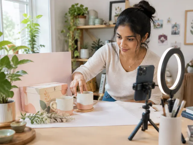 A founder filming her product for Instagram