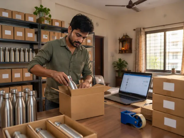 A seller packing steel bottles at home
