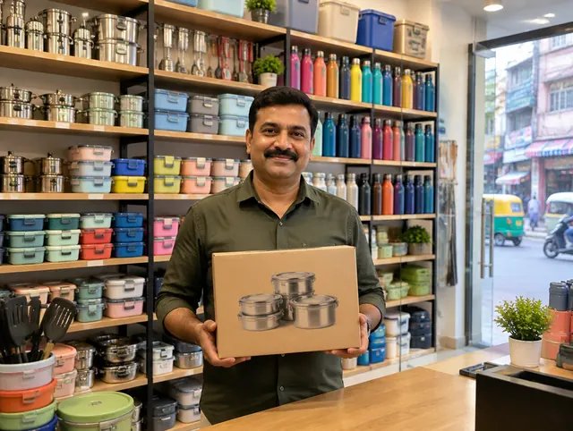 A shop owner holding a carton of steel containers