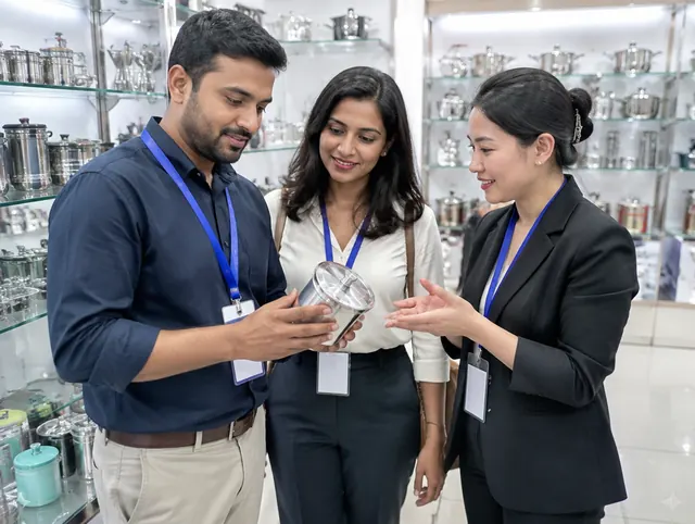 Buyers checking a sample with a supplier